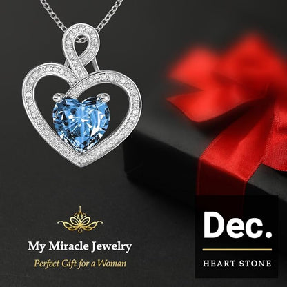 MYMIRACLE JEWELRY MMJ Platinum Plated Silver Heart Necklace Gift for Women Anniversary Wife Necklace with Heart Pendant Birthstone Necklace Gift for Her Birthday (December Blue topaz)