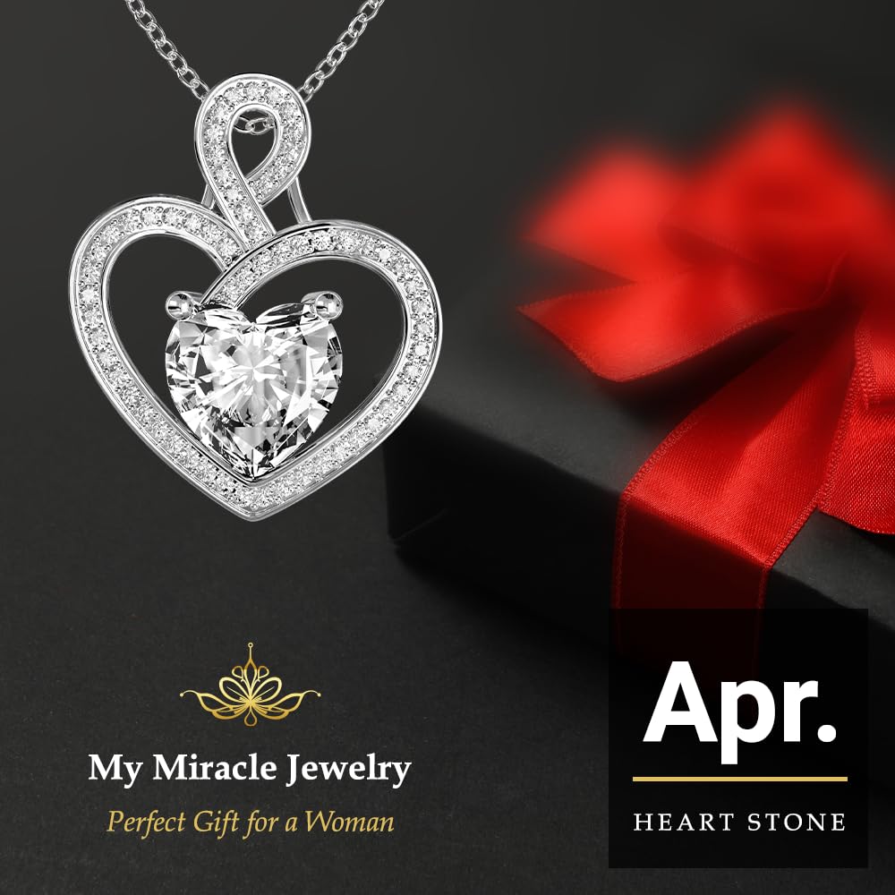 MYMIRACLE JEWELRY MMJ Platinum Plated Silver Heart Necklace Gift for Women Anniversary Wife Necklace with Heart Pendant Birthstone Necklace Gift for Her Birthday (April White)