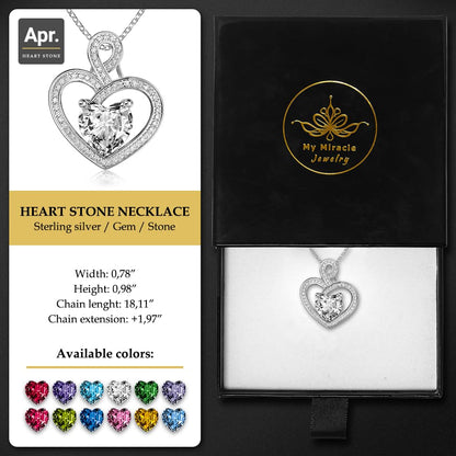 MYMIRACLE JEWELRY MMJ Platinum Plated Silver Heart Necklace Gift for Women Anniversary Wife Necklace with Heart Pendant Birthstone Necklace Gift for Her Birthday (April White)