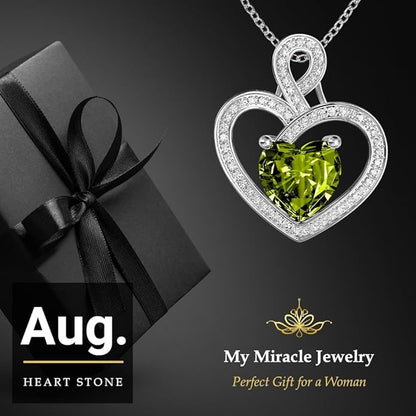 MYMIRACLE JEWELRY MMJ Platinum Plated Silver Heart Necklace Gift for Women Anniversary Wife Necklace with Heart Pendant Birthstone Necklace Gift for Her Birthday (August Peridot)