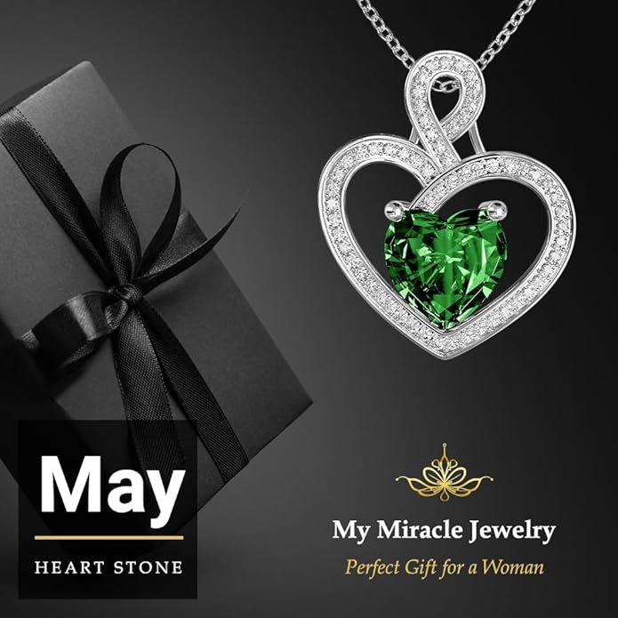 MYMIRACLE JEWELRY Platinum Plated Silver Heart Necklace with Birthstone Pendant, MMJ Heart Necklace for Women's Birthday (May D-Green)