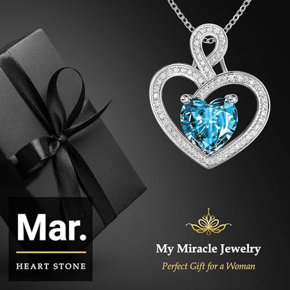 MYMIRACLE JEWELRY MMJ Platinum Plated Silver Heart Necklace Gift for Women Anniversary Wife Necklace with Heart Pendant Birthstone Necklace Gift for Her Birthday (March Aquamarine)