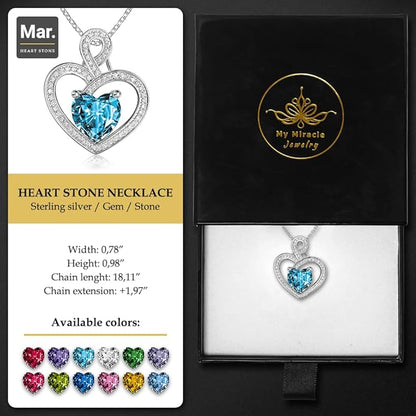 MYMIRACLE JEWELRY MMJ Platinum Plated Silver Heart Necklace Gift for Women Anniversary Wife Necklace with Heart Pendant Birthstone Necklace Gift for Her Birthday (March Aquamarine)