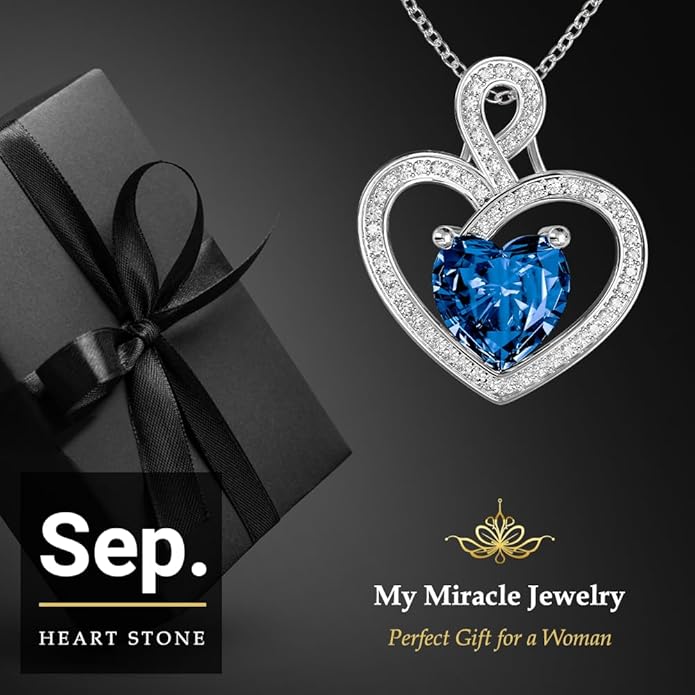 MYMIRACLE JEWELRY MMJ Platinum Plated Silver Heart Necklace Gift for Women Anniversary Wife Necklace with Heart Pendant Birthstone Necklace Gift for Her Birthday (September Tanzanite)