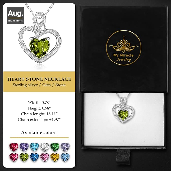 MYMIRACLE JEWELRY MMJ Platinum Plated Silver Heart Necklace Gift for Women Anniversary Wife Necklace with Heart Pendant Birthstone Necklace Gift for Her Birthday (August Peridot)