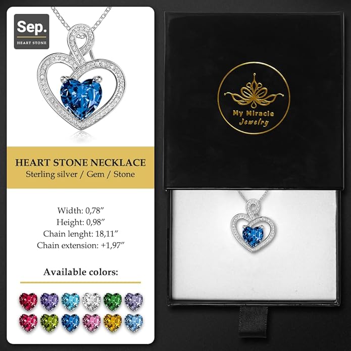 MYMIRACLE JEWELRY MMJ Platinum Plated Silver Heart Necklace Gift for Women Anniversary Wife Necklace with Heart Pendant Birthstone Necklace Gift for Her Birthday (September Tanzanite)