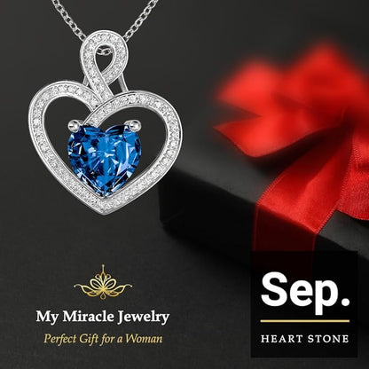 MYMIRACLE JEWELRY MMJ Platinum Plated Silver Heart Necklace Gift for Women Anniversary Wife Necklace with Heart Pendant Birthstone Necklace Gift for Her Birthday (September Tanzanite)