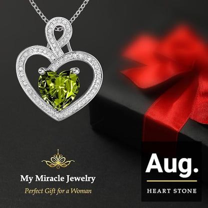 MYMIRACLE JEWELRY MMJ Platinum Plated Silver Heart Necklace Gift for Women Anniversary Wife Necklace with Heart Pendant Birthstone Necklace Gift for Her Birthday (August Peridot)