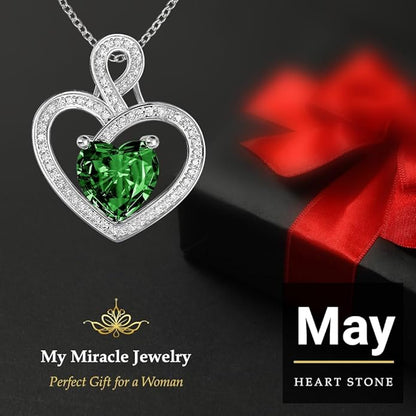 MYMIRACLE JEWELRY Platinum Plated Silver Heart Necklace with Birthstone Pendant, MMJ Heart Necklace for Women's Birthday (May D-Green)