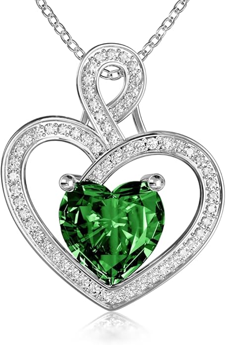 MYMIRACLE JEWELRY Platinum Plated Silver Heart Necklace with Birthstone Pendant, MMJ Heart Necklace for Women's Birthday (May D-Green)