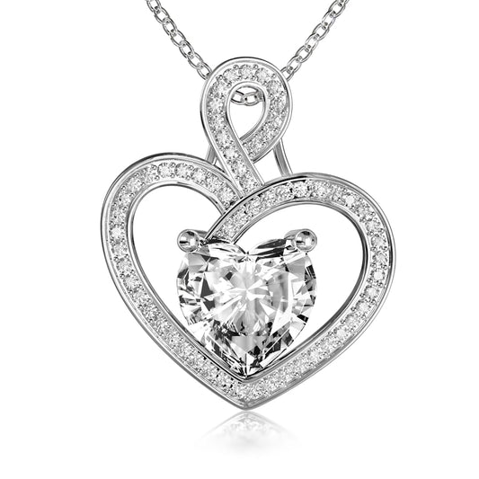 MYMIRACLE JEWELRY MMJ Platinum Plated Silver Heart Necklace Gift for Women Anniversary Wife Necklace with Heart Pendant Birthstone Necklace Gift for Her Birthday (April White)