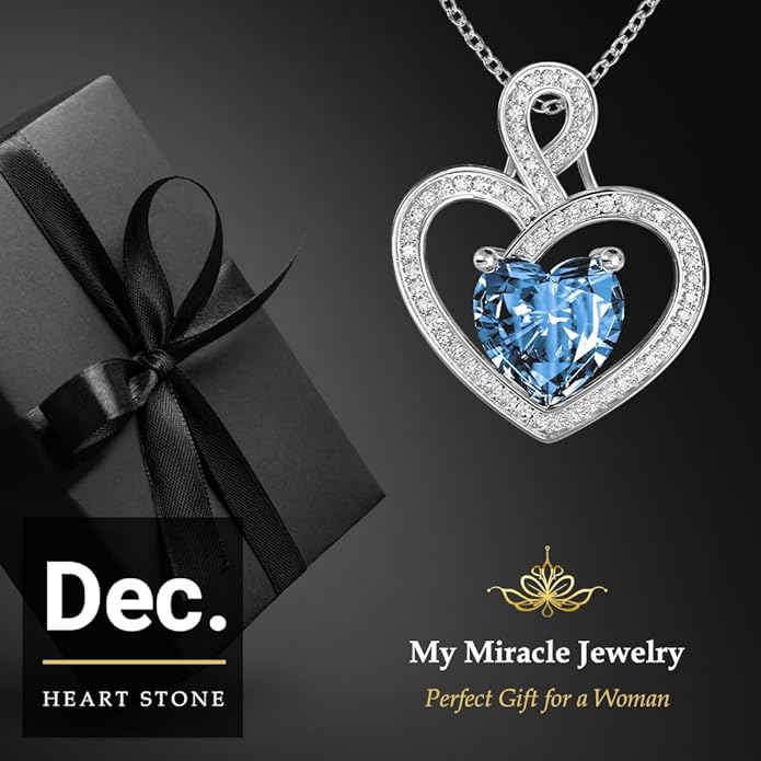 MYMIRACLE JEWELRY MMJ Platinum Plated Silver Heart Necklace Gift for Women Anniversary Wife Necklace with Heart Pendant Birthstone Necklace Gift for Her Birthday (December Blue topaz)