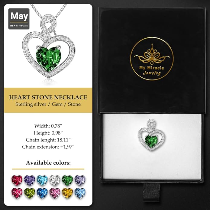 MYMIRACLE JEWELRY Platinum Plated Silver Heart Necklace with Birthstone Pendant, MMJ Heart Necklace for Women's Birthday (May D-Green)