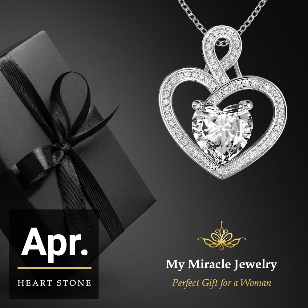 MYMIRACLE JEWELRY MMJ Platinum Plated Silver Heart Necklace Gift for Women Anniversary Wife Necklace with Heart Pendant Birthstone Necklace Gift for Her Birthday (April White)