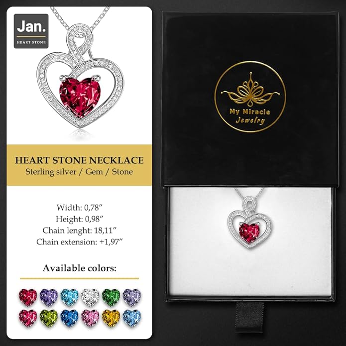 MYMIRACLE JEWELRY MMJ Platinum Plated Silver Heart Necklace Gift for Women Anniversary Wife Necklace with Heart Pendant Birthstone Necklace Gift for Her Birthday (January Garnet)