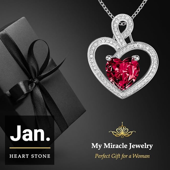 MYMIRACLE JEWELRY MMJ Platinum Plated Silver Heart Necklace Gift for Women Anniversary Wife Necklace with Heart Pendant Birthstone Necklace Gift for Her Birthday (January Garnet)