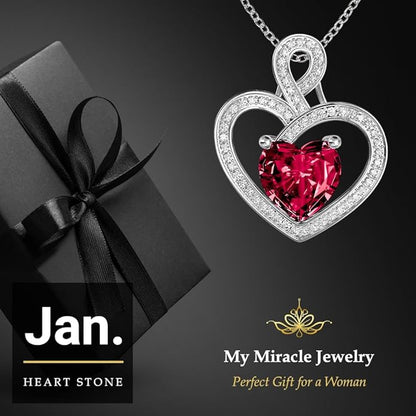 MYMIRACLE JEWELRY MMJ Platinum Plated Silver Heart Necklace Gift for Women Anniversary Wife Necklace with Heart Pendant Birthstone Necklace Gift for Her Birthday (January Garnet)