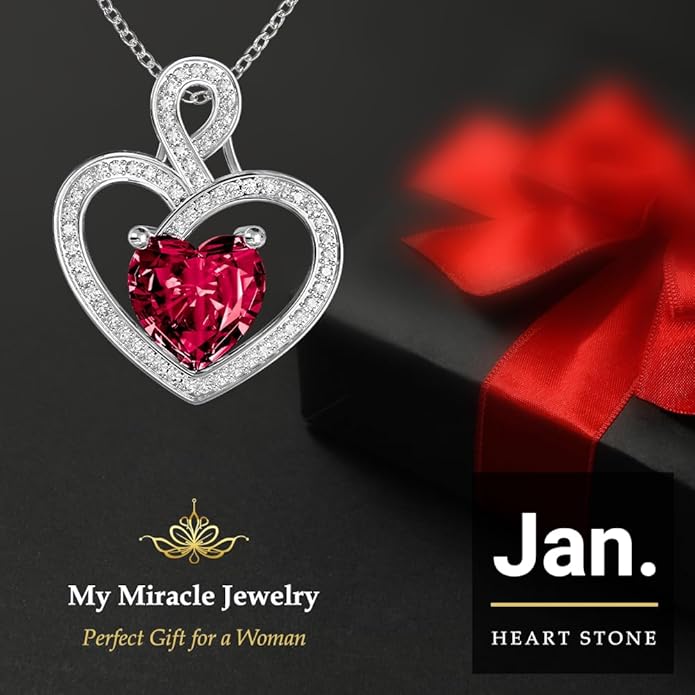 MYMIRACLE JEWELRY MMJ Platinum Plated Silver Heart Necklace Gift for Women Anniversary Wife Necklace with Heart Pendant Birthstone Necklace Gift for Her Birthday (January Garnet)