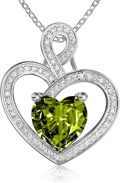 MYMIRACLE JEWELRY MMJ Platinum Plated Silver Heart Necklace Gift for Women Anniversary Wife Necklace with Heart Pendant Birthstone Necklace Gift for Her Birthday (August Peridot)