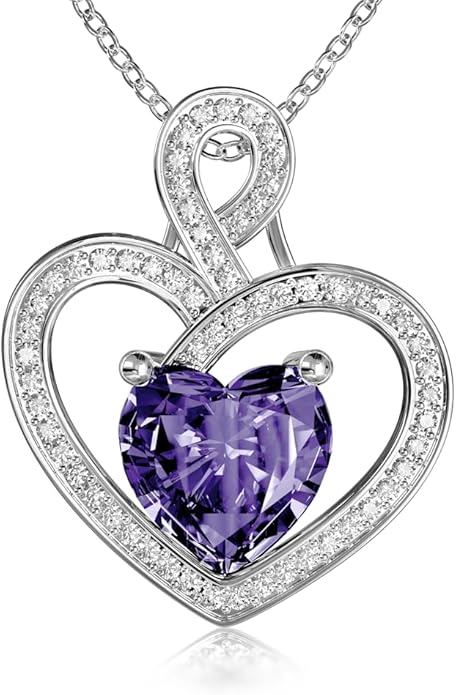 MYMIRACLE JEWELRY MMJ Platinum Plated Silver Heart Necklace Gift for Women Anniversary Wife Necklace with Heart Pendant Birthstone Necklace Gift for Her Birthday (February Amethyst)